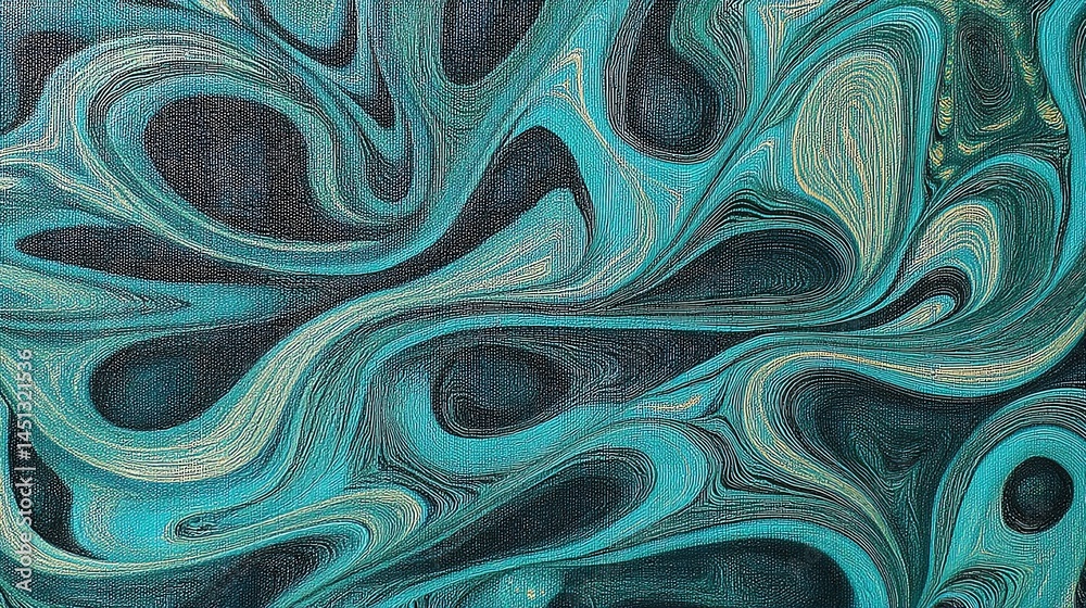 Abstract swirling pattern in shades of teal and black with organic flow.