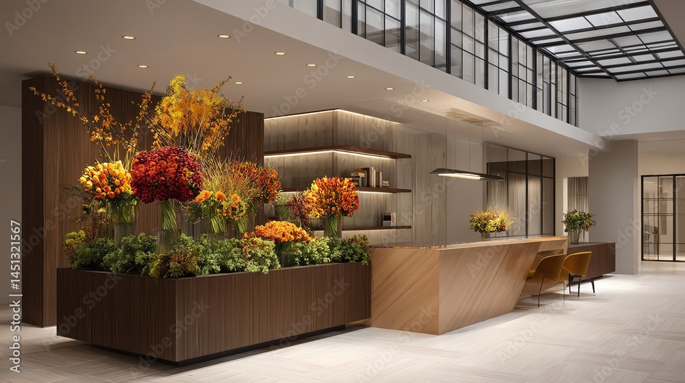 Modern reception area featuring vibrant flowers in a stylish, open interior.