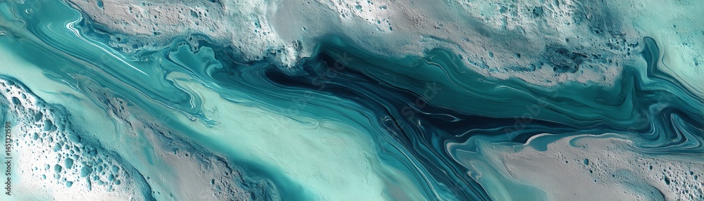 Abstract fluid art in shades of teal and gray on a textured background.
