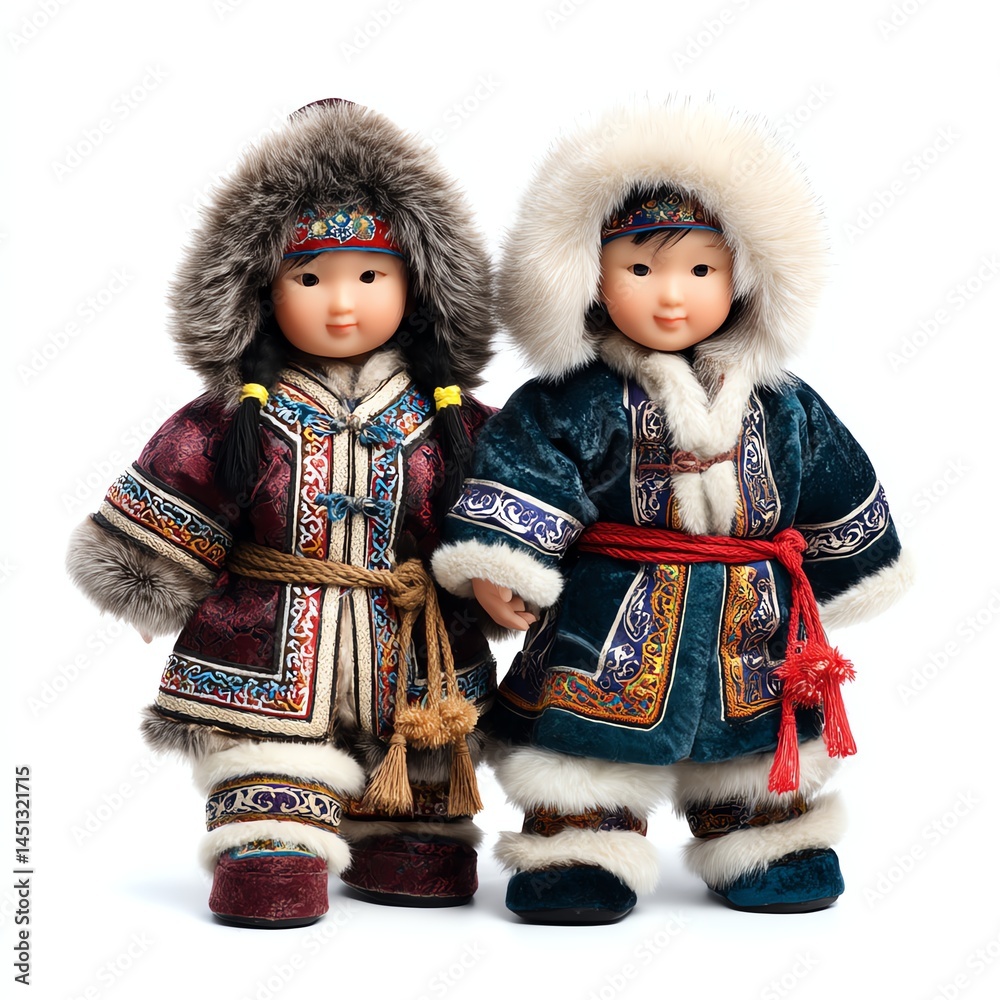 Traditional dolls dressed in colorful cultural attire, white isolate background.