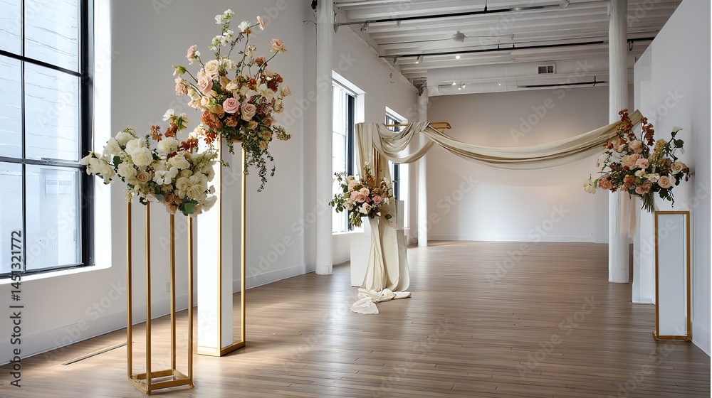 Elegant floral arrangements in a spacious modern venue.