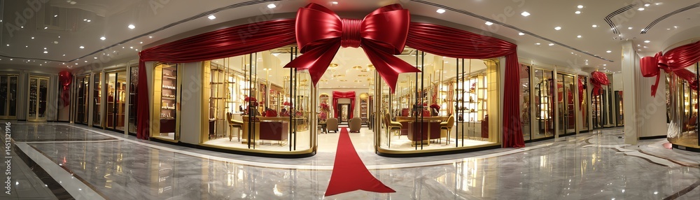 Luxury retail store interior with red ribbon decorations and elegant displays.