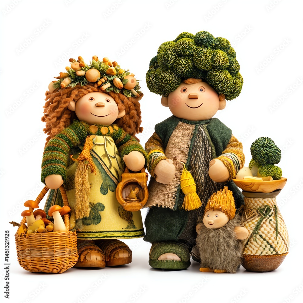Whimsical vegetable-inspired figurines on white isolated background