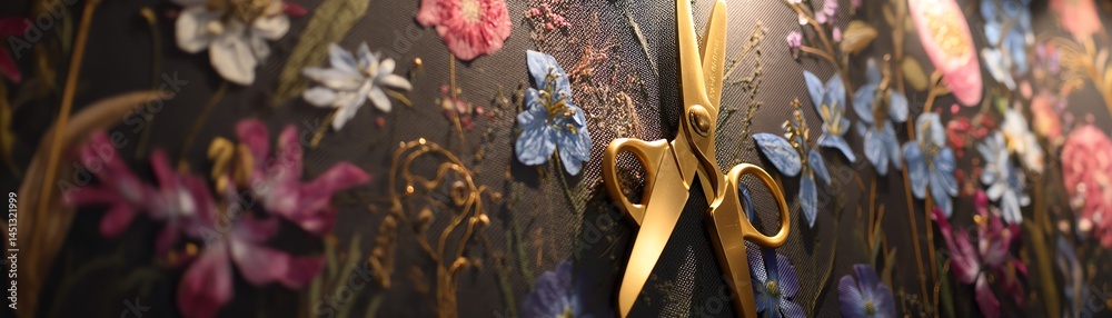 Golden scissors on a colorful floral background with intricate designs.