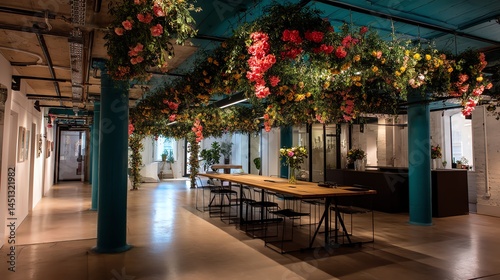 Modern workspace with vibrant hanging flowers and communal dining area.