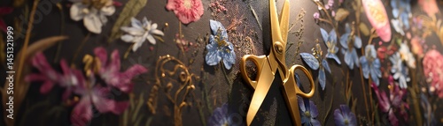 Obraz na płótnie Golden scissors on a colorful floral background with intricate designs. w salonie