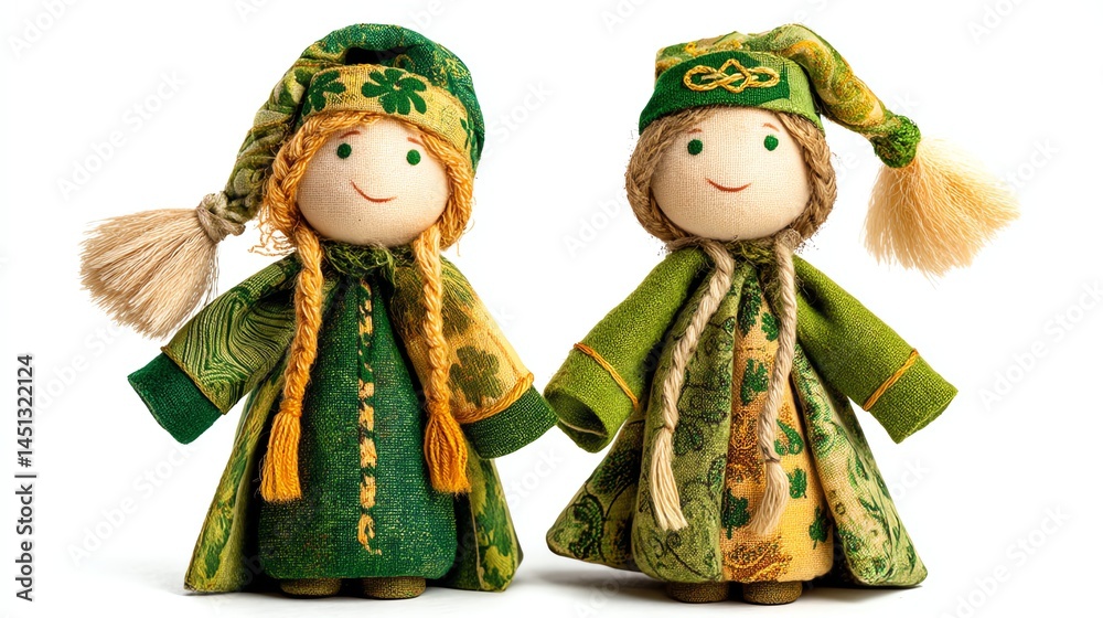 Traditional dolls dressed in green attire, isolated on a white background.