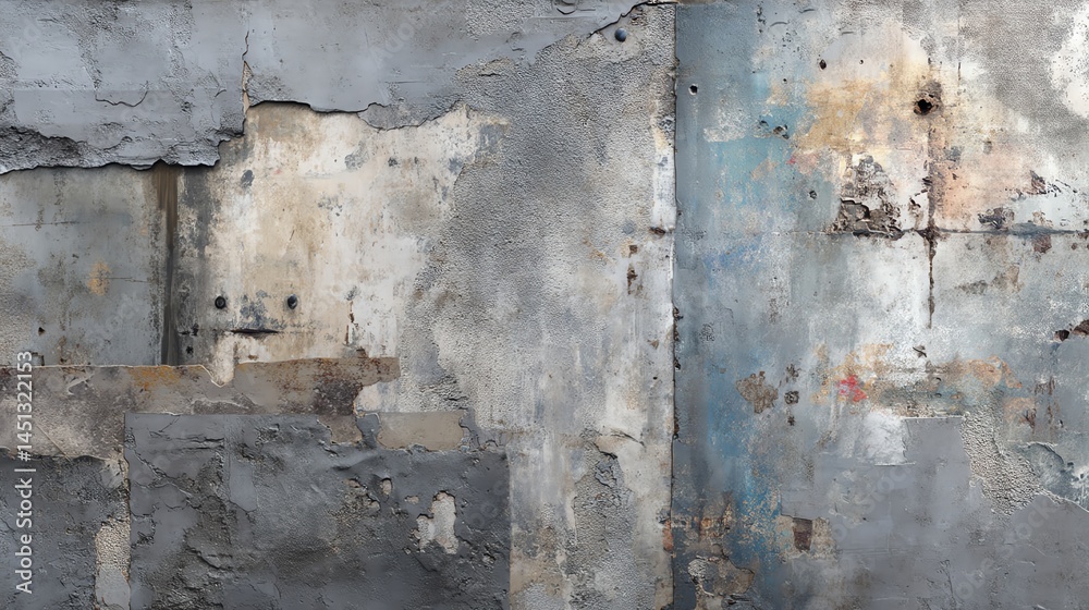 Abandoned concrete wall with peeling paint and weathered textures.