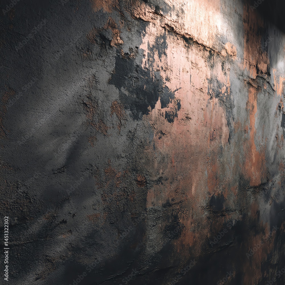 Textured wall with peeling paint and rust, showcasing an industrial aesthetic.