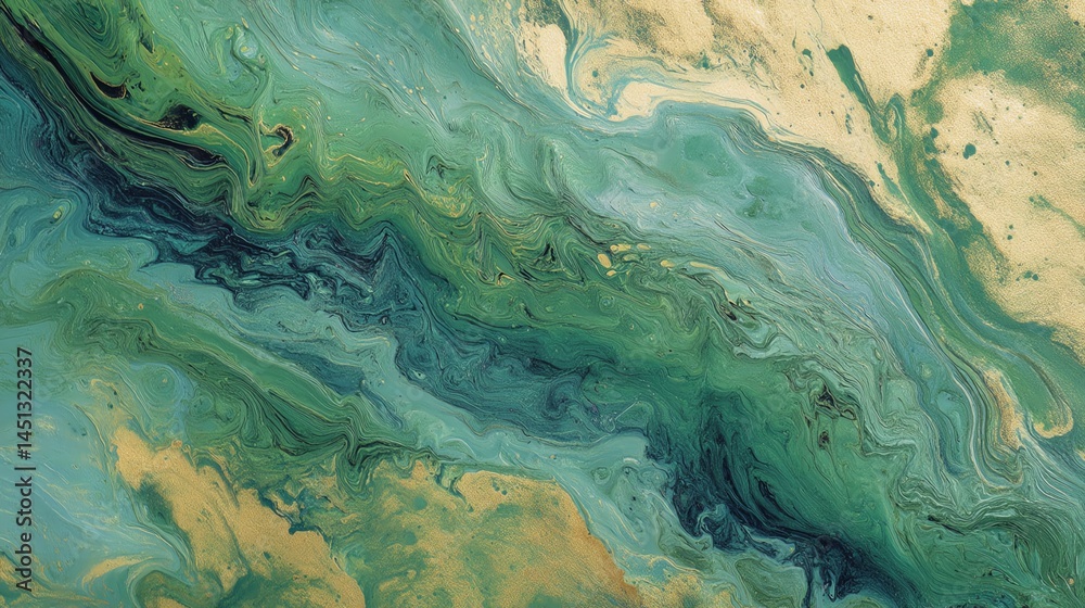 Abstract fluid art design with swirling green and beige colors on canvas.