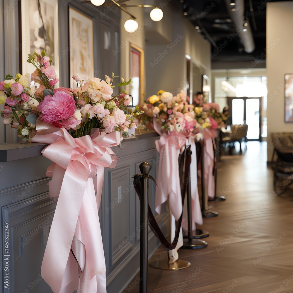 Elegant flowers with pink ribbons in a stylish interior setting.
