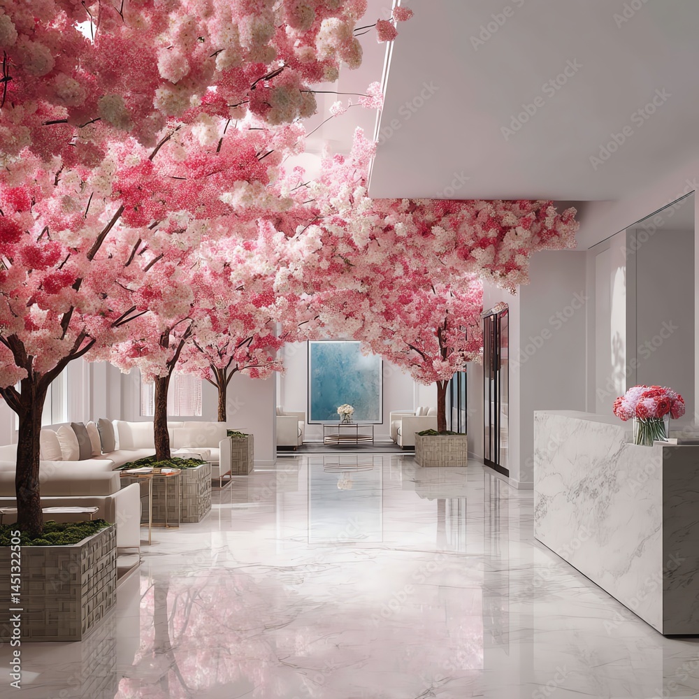 Elegant interior with cherry blossom trees and modern decor.