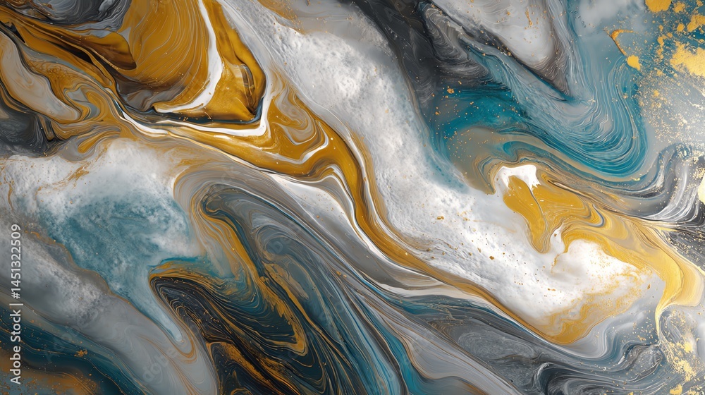 Abstract marble texture with golden and turquoise swirls on a dark background.