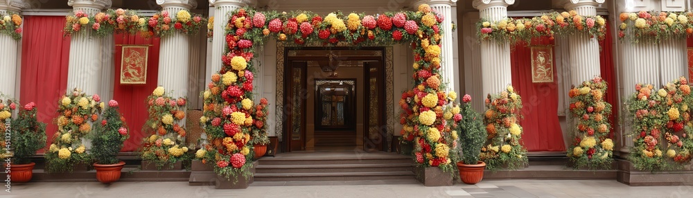 Entrance adorned with colorful floral decorations and vibrant red curtains.