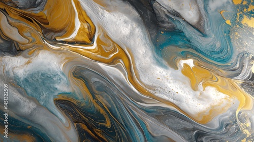 Abstract marble texture with golden and turquoise swirls on a dark background.