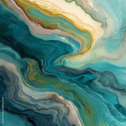 Abstract fluid art with swirls of blue, gold, and cream tones on a textured surface.