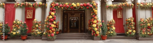 Obraz na płótnie Entrance adorned with colorful floral decorations and vibrant red curtains. w salonie