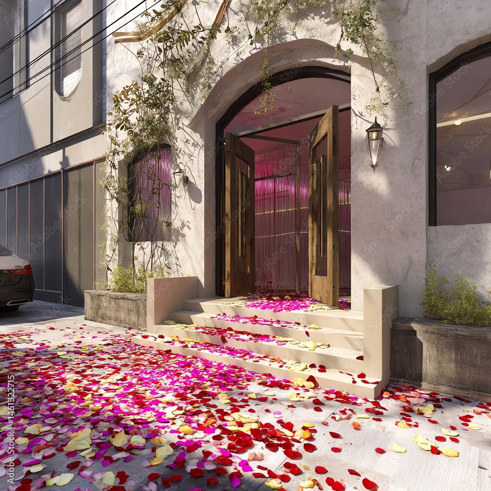 Entrance with flower petals on steps, inviting atmosphere and lovely decor.