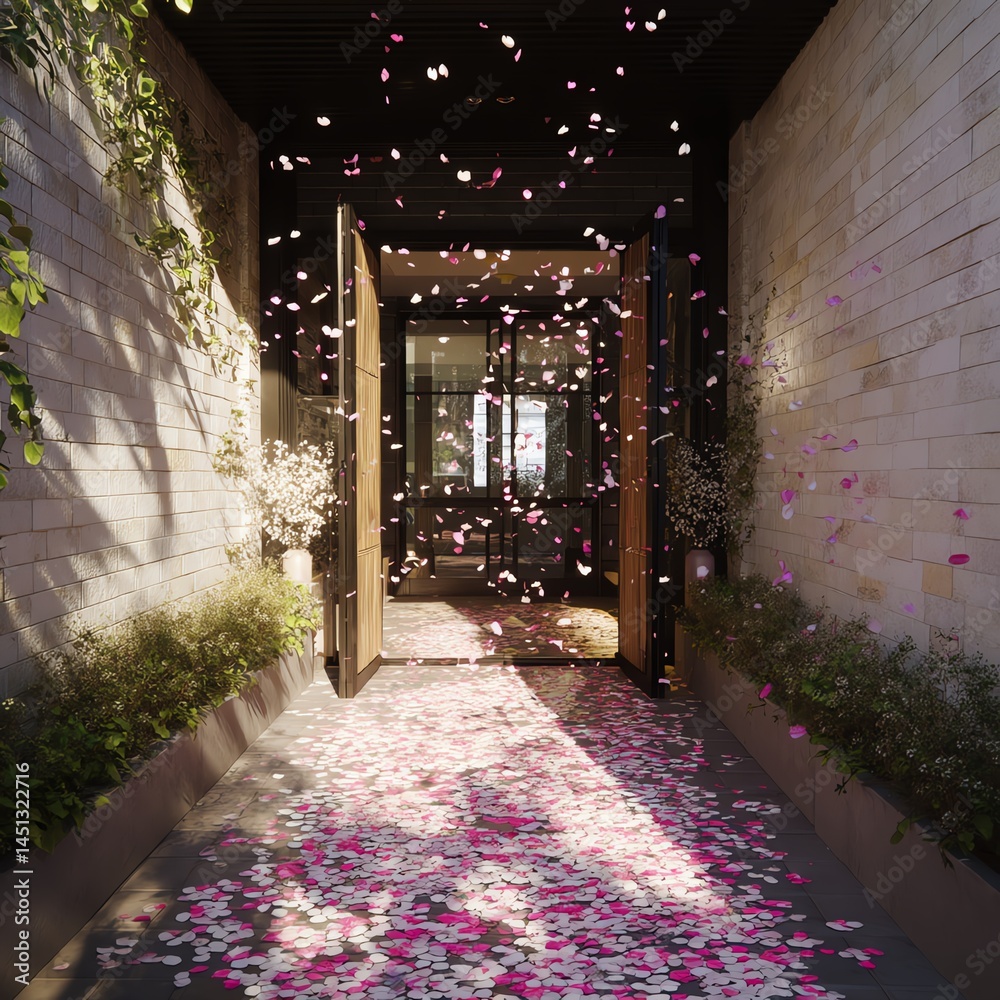 Beautiful flower petals cascading through an open doorway.