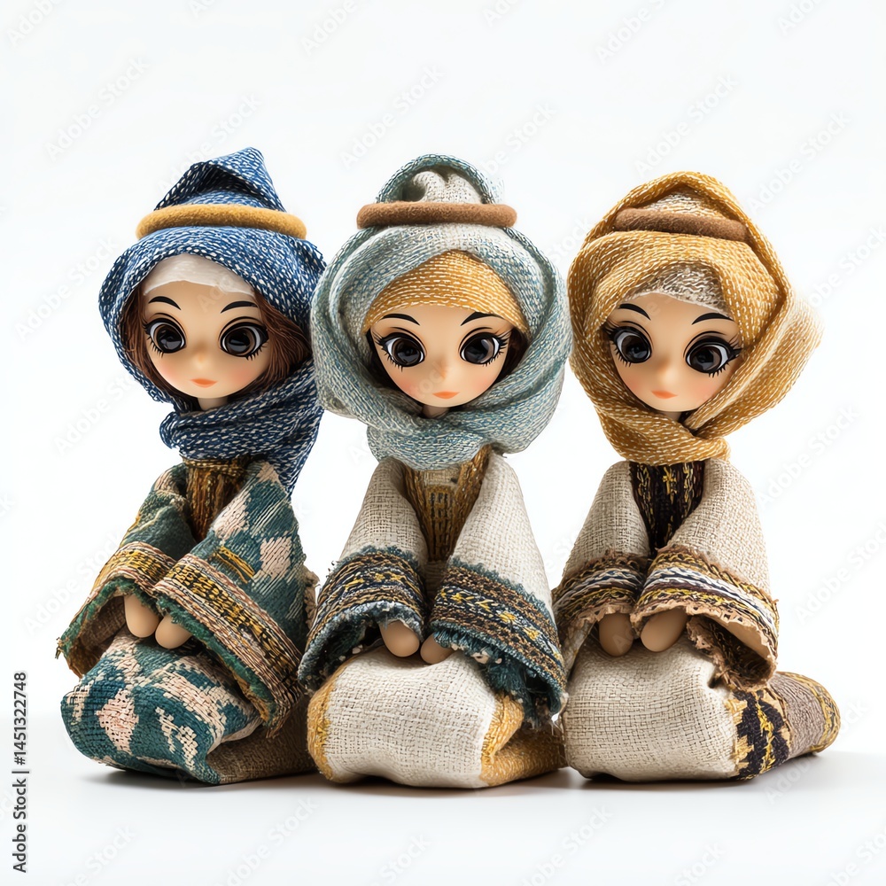 Three handcrafted dolls in traditional attire, white isolated background.