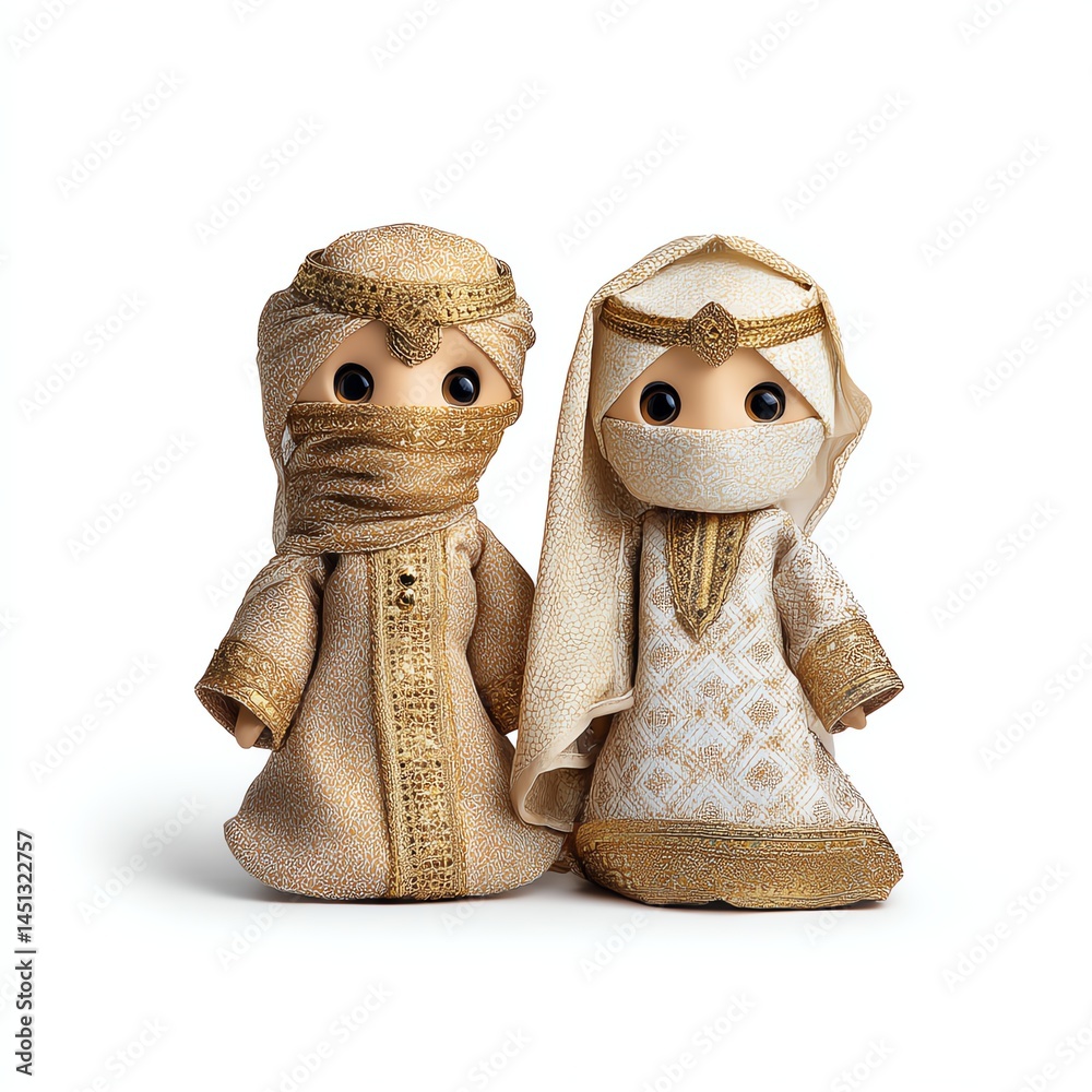 Two traditional dolls dressed in cultural attire, white isolated background.