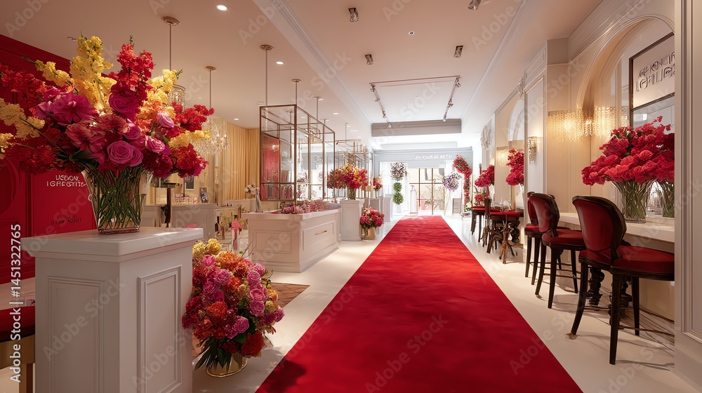 Elegant interior with red carpet and vibrant floral arrangements.