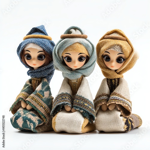 Obraz na płótnie Three handcrafted dolls in traditional attire, white isolated background. w salonie