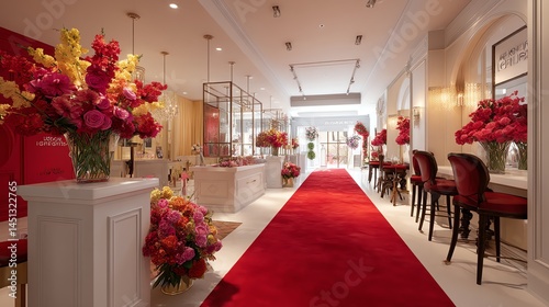 Obraz na płótnie Elegant interior with red carpet and vibrant floral arrangements. w salonie