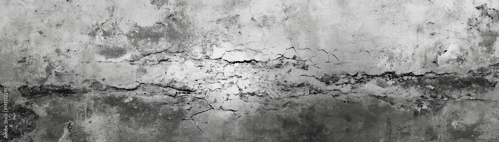 Textured concrete wall with cracks, monochrome abstract background.