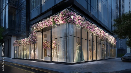 Obraz na płótnie Modern boutique with floral decor and glass facade at night. w salonie
