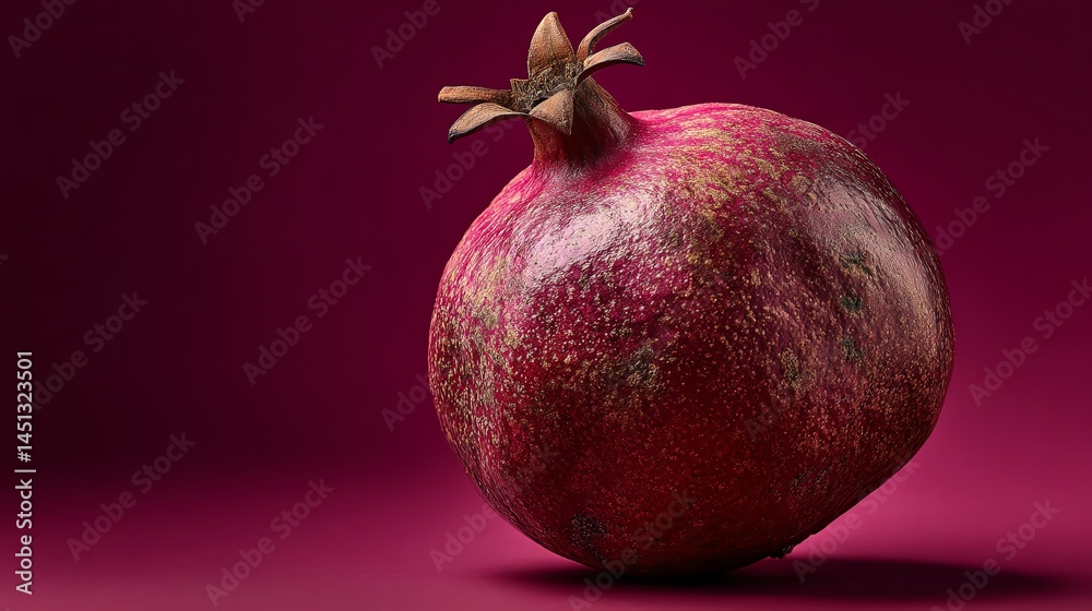 Pomegranate on a dark purple background, highlighting its vibrant texture.