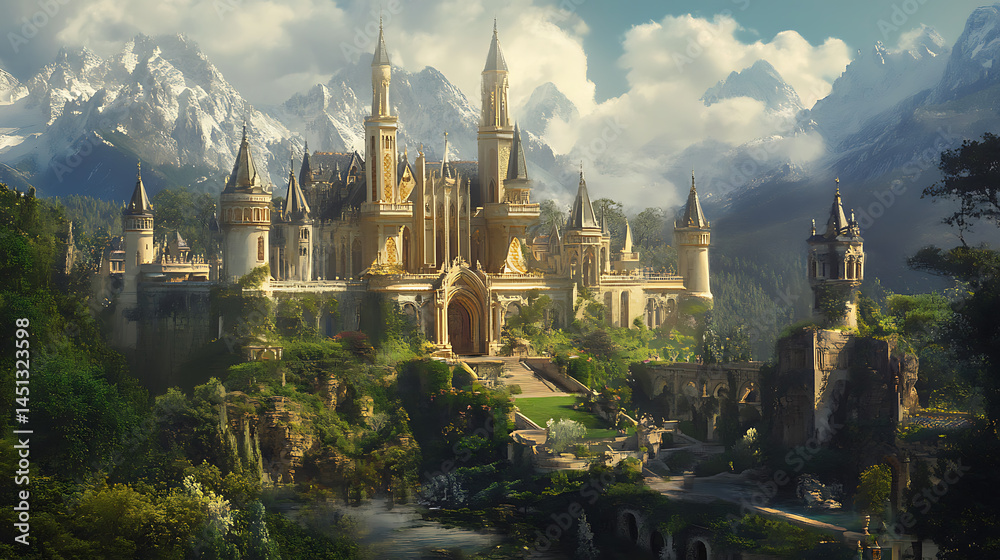 Fototapeta premium A historic castle estate with towering spires, lush gardens, and intricate stonework (1)