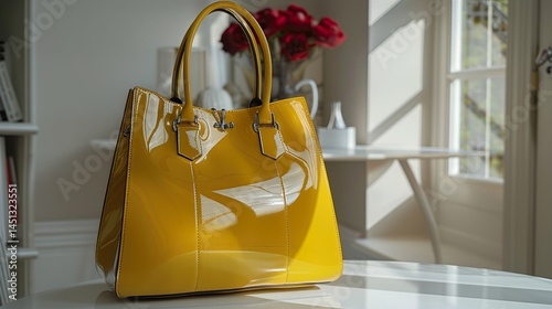 Glossy Yellow Leather Bag on White Surface Indoor Setting Stylish Accessory Photography HD 8K wallpaper Photographic Image