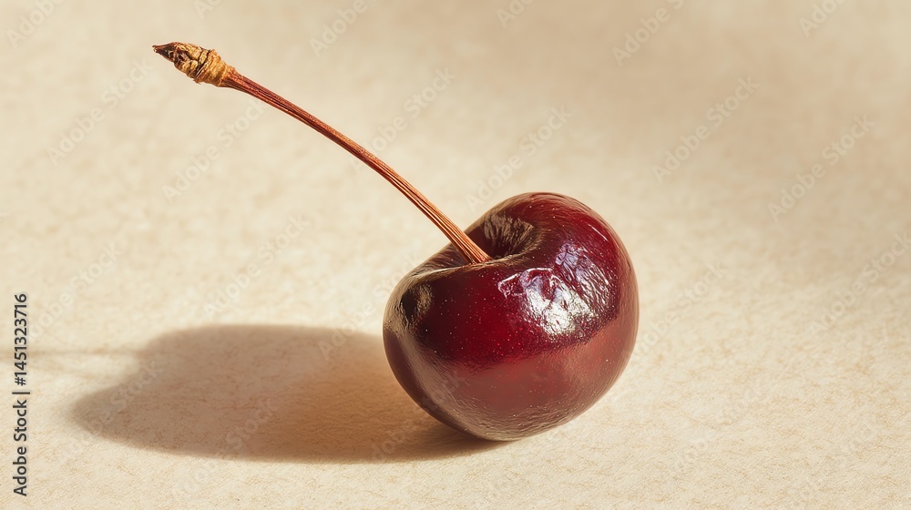 Single cherry on a textured background, showcasing its rich color and glossy surface.