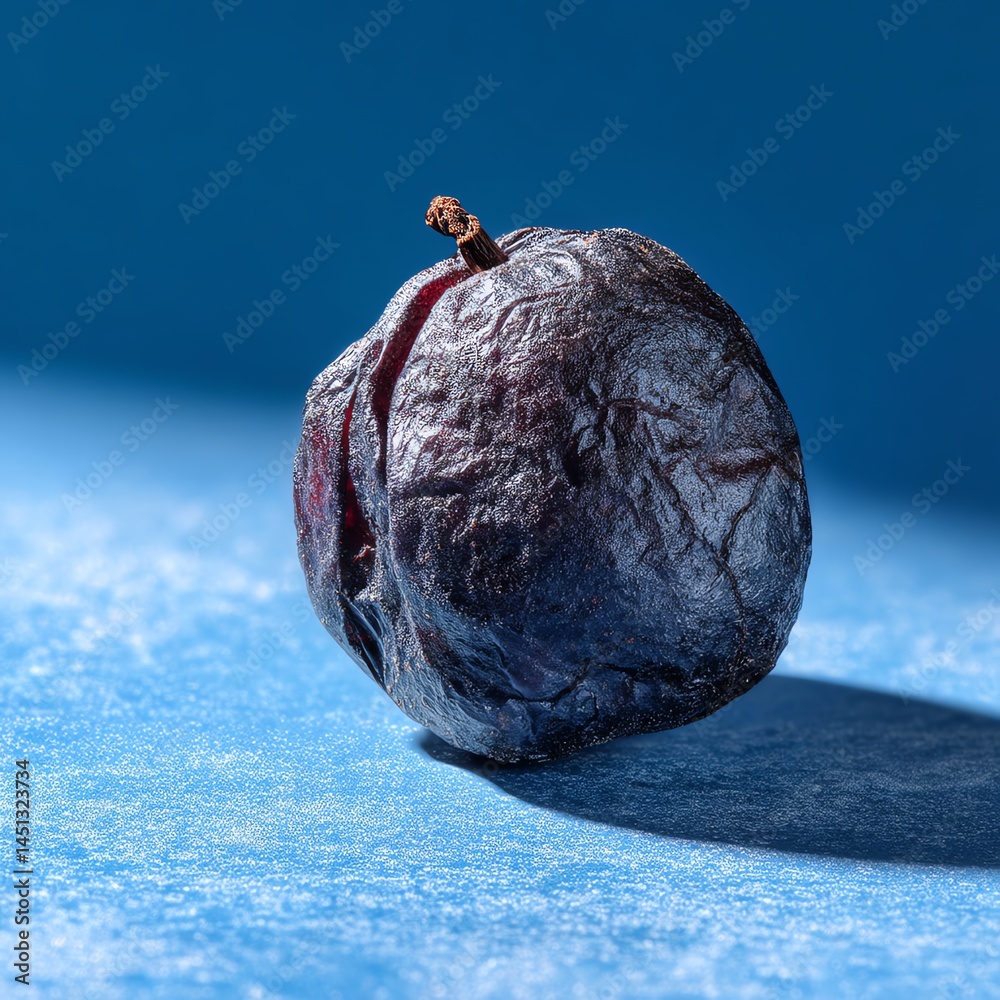 Dried plum with intricate textures on a blue background.