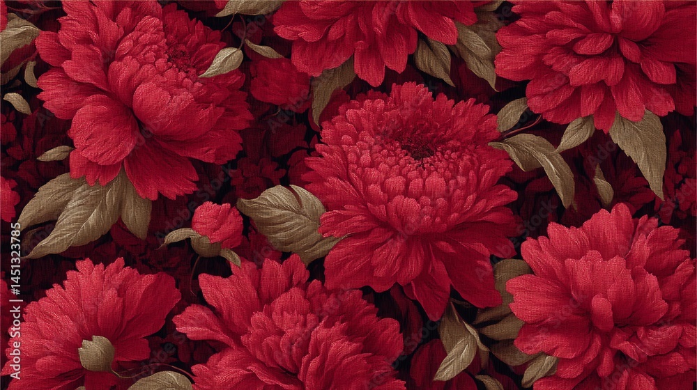 Vibrant red flowers with green leaves on a dark background.