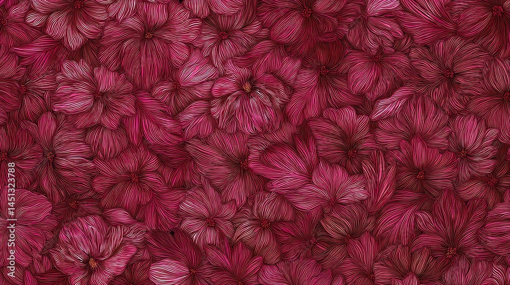 Vibrant pink floral pattern on a deep red background.