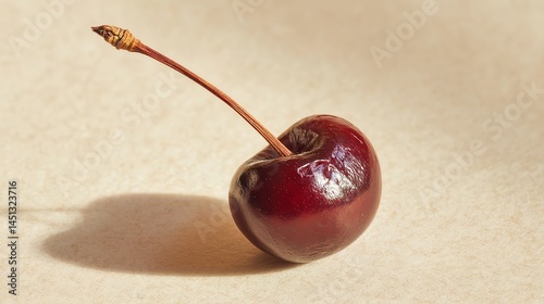 Obraz na płótnie Single cherry on a textured background, showcasing its rich color and glossy surface. w salonie