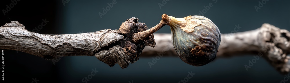 A close-up of a fig on a branch with a textured background.