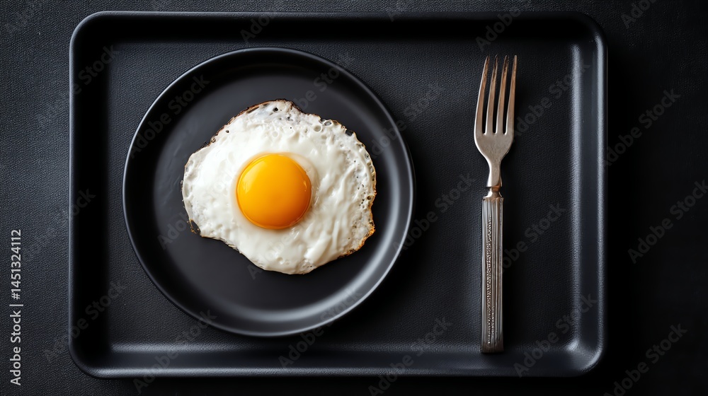 Fried egg served on a black plate with a fork, isolated on a dark background.