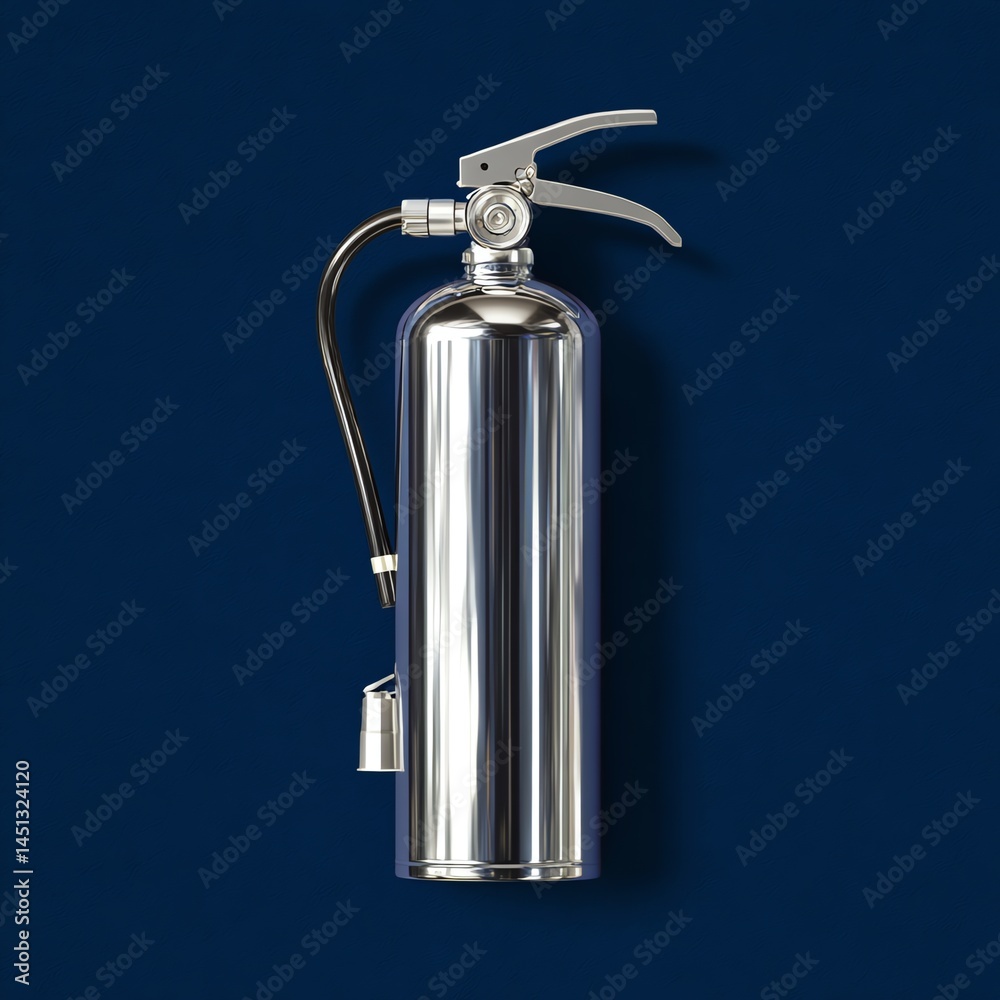 Silver fire extinguisher on a dark blue background, essential safety equipment