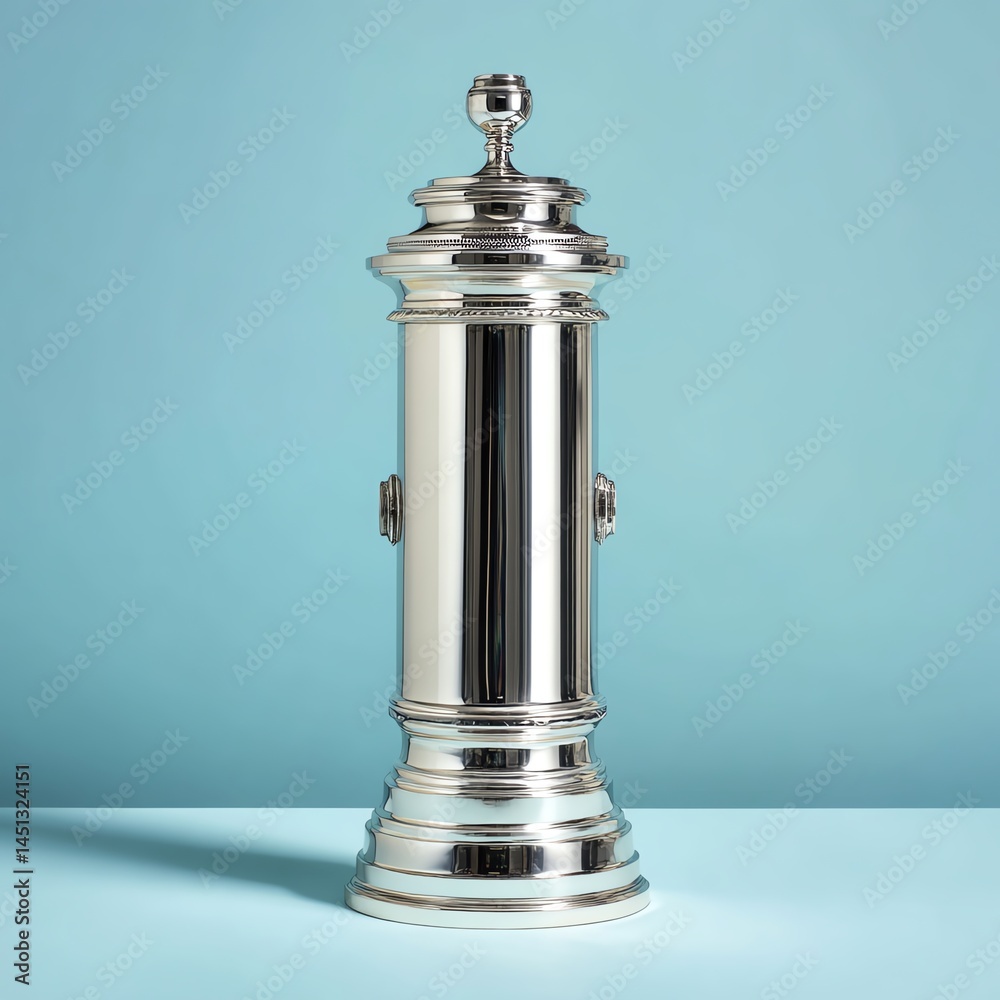 Stylish silver beverage dispenser, isolated on a turquoise background.