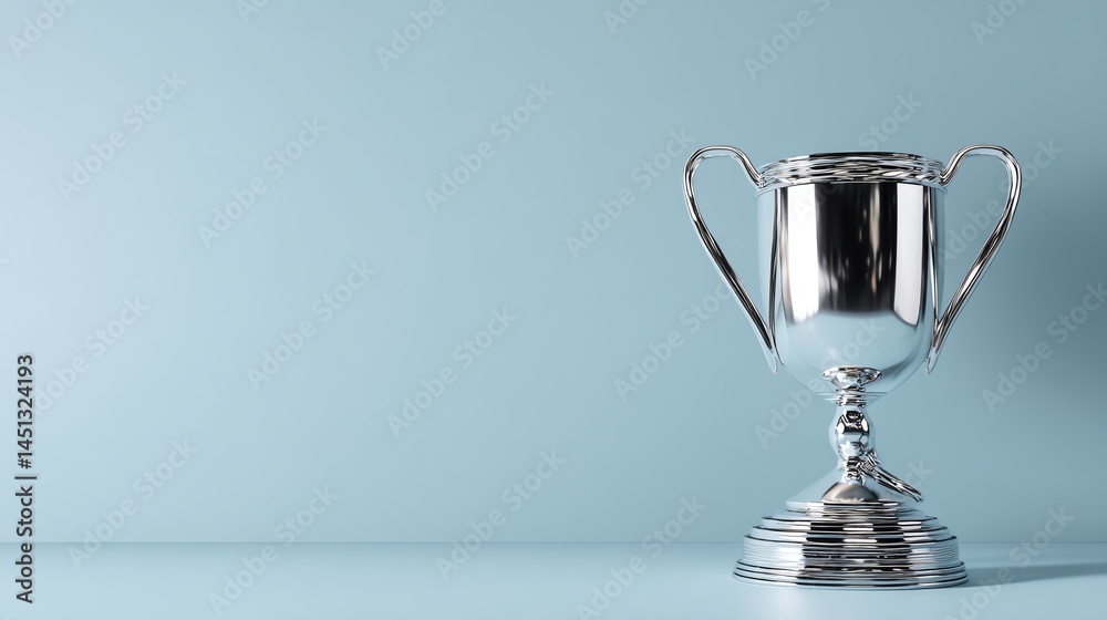 Shiny silver trophy on a light blue background, symbolizing achievement.