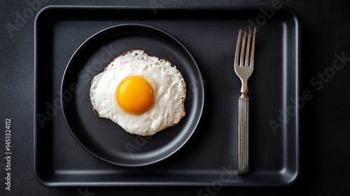 Obraz na płótnie Fried egg served on a black plate with a fork, isolated on a dark background. w salonie