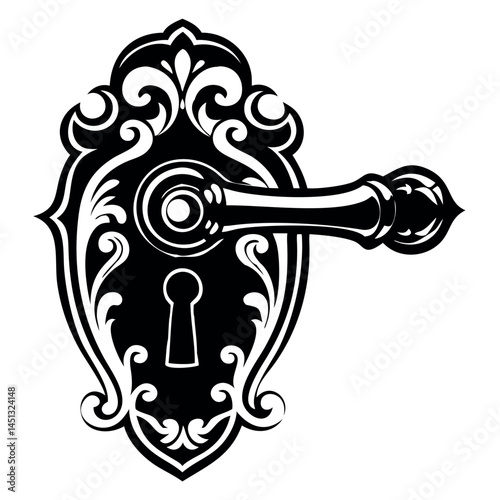Decorative Door Handle Vector - Vintage Ornate Lock, Elegant Door Knob Design,High-quality vector of a decorative door handle with an ornate lock design, perfect for home decor, vintage furniture