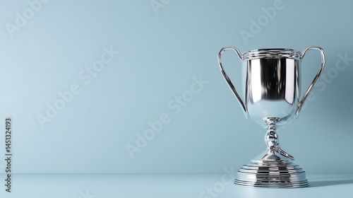 Shiny silver trophy on a light blue background, symbolizing achievement.