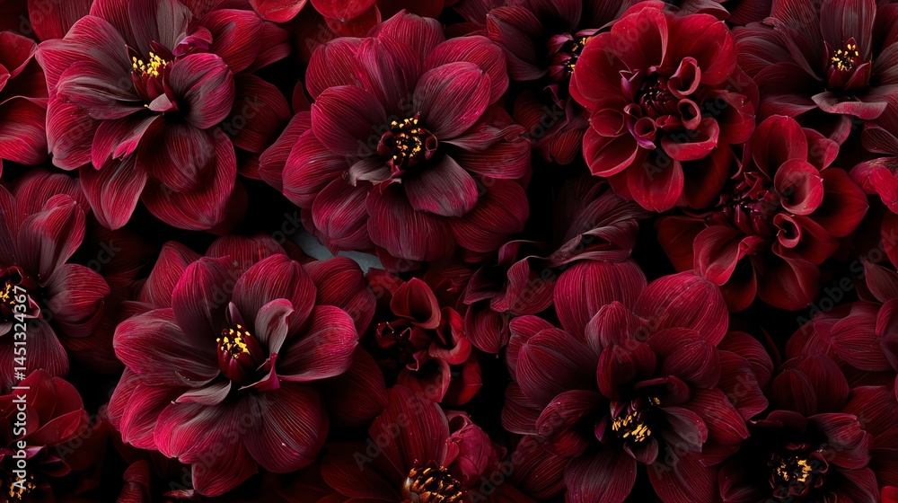 Vibrant dark red flowers close-up on a rich black background.