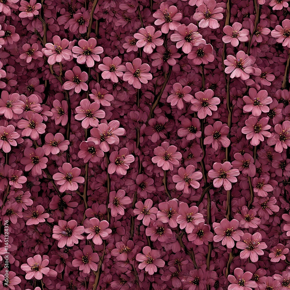 Pink flowers pattern on a deep burgundy background, vibrant and decorative.