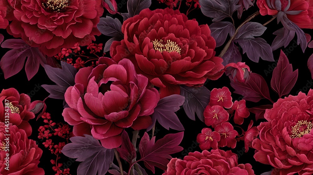 Vibrant red peonies with dark leaves on a black background.