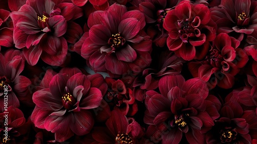 Obraz na płótnie Vibrant dark red flowers close-up on a rich black background. w salonie